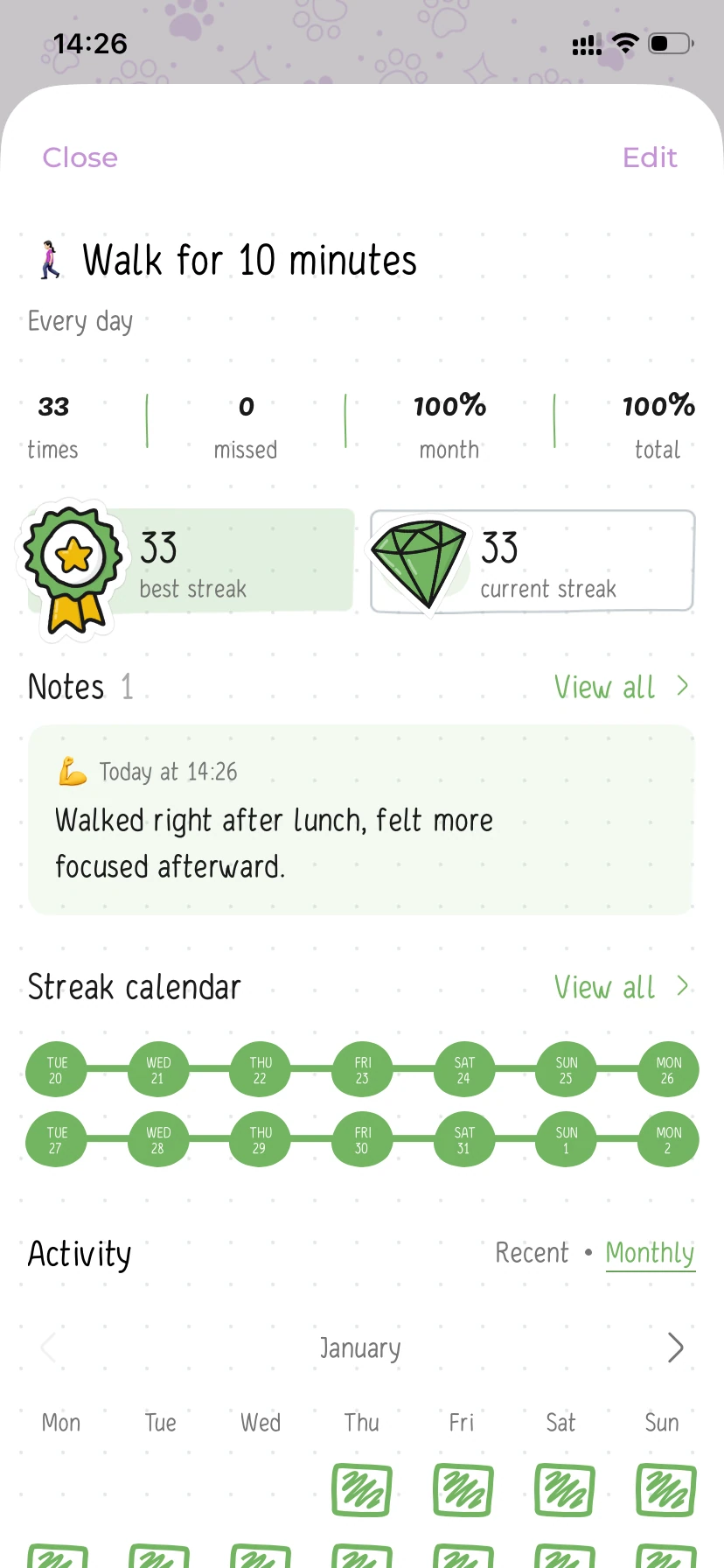 Screenshots of the Hizo app with habit detail view.