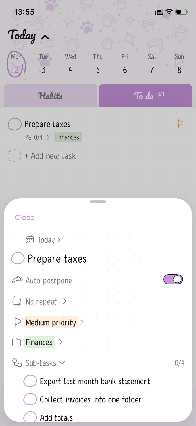 To do list for today with Prepare taxes and a bottom sheet for editing task settings.