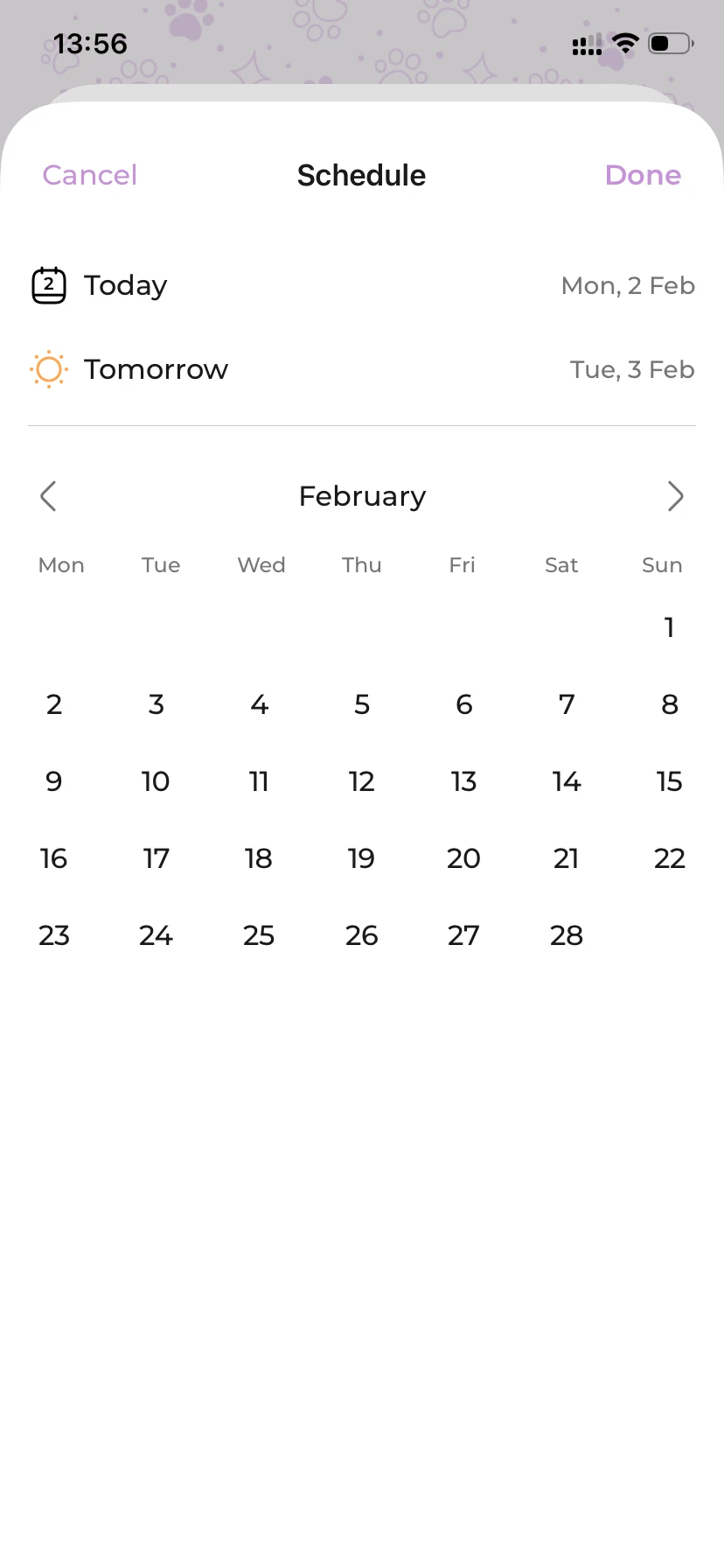 Calendar picker for choosing a task date.