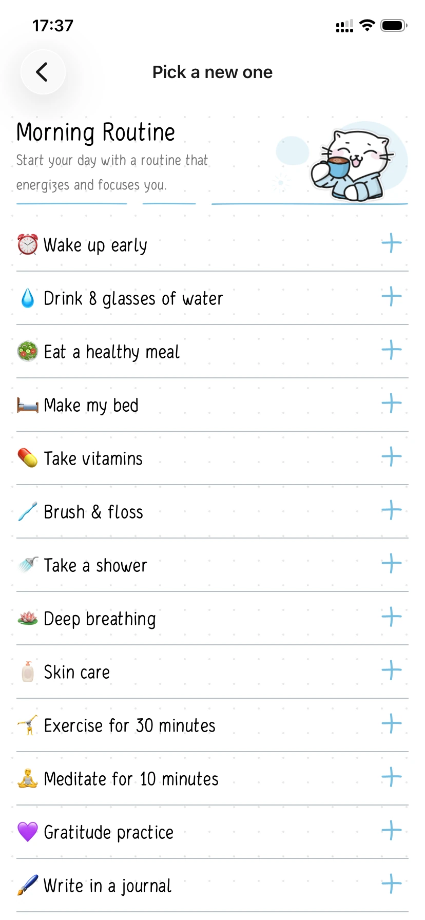 Hizo habit list for Morning Routine with recommended habits.