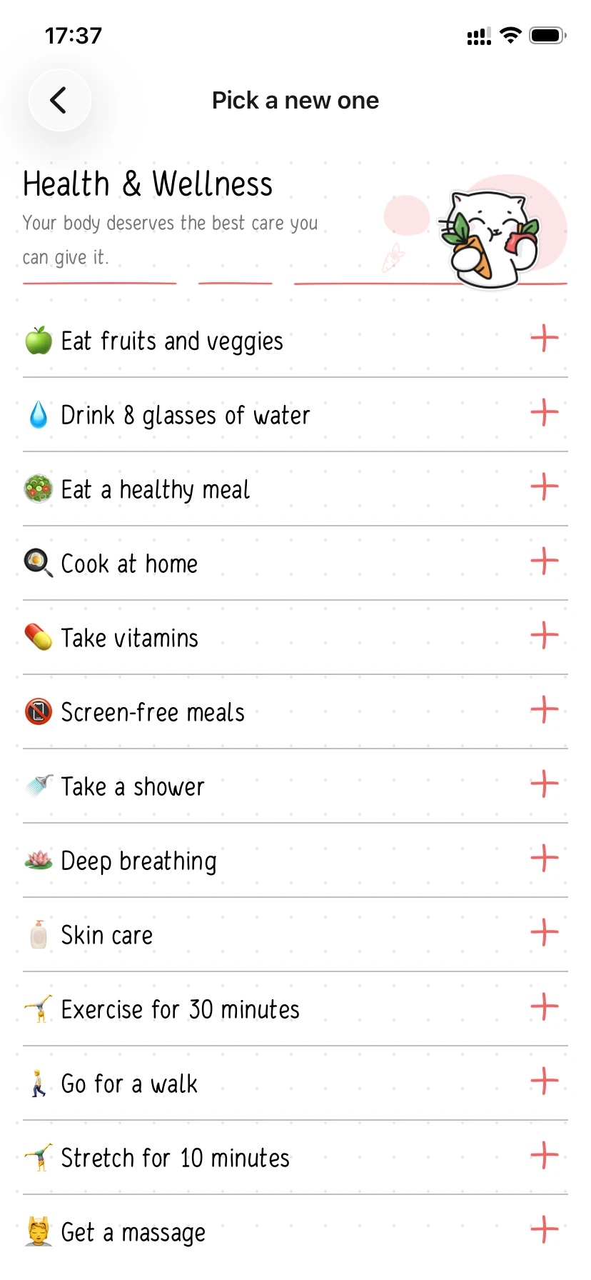Hizo habit list for Health & Wellness with recommended habits.