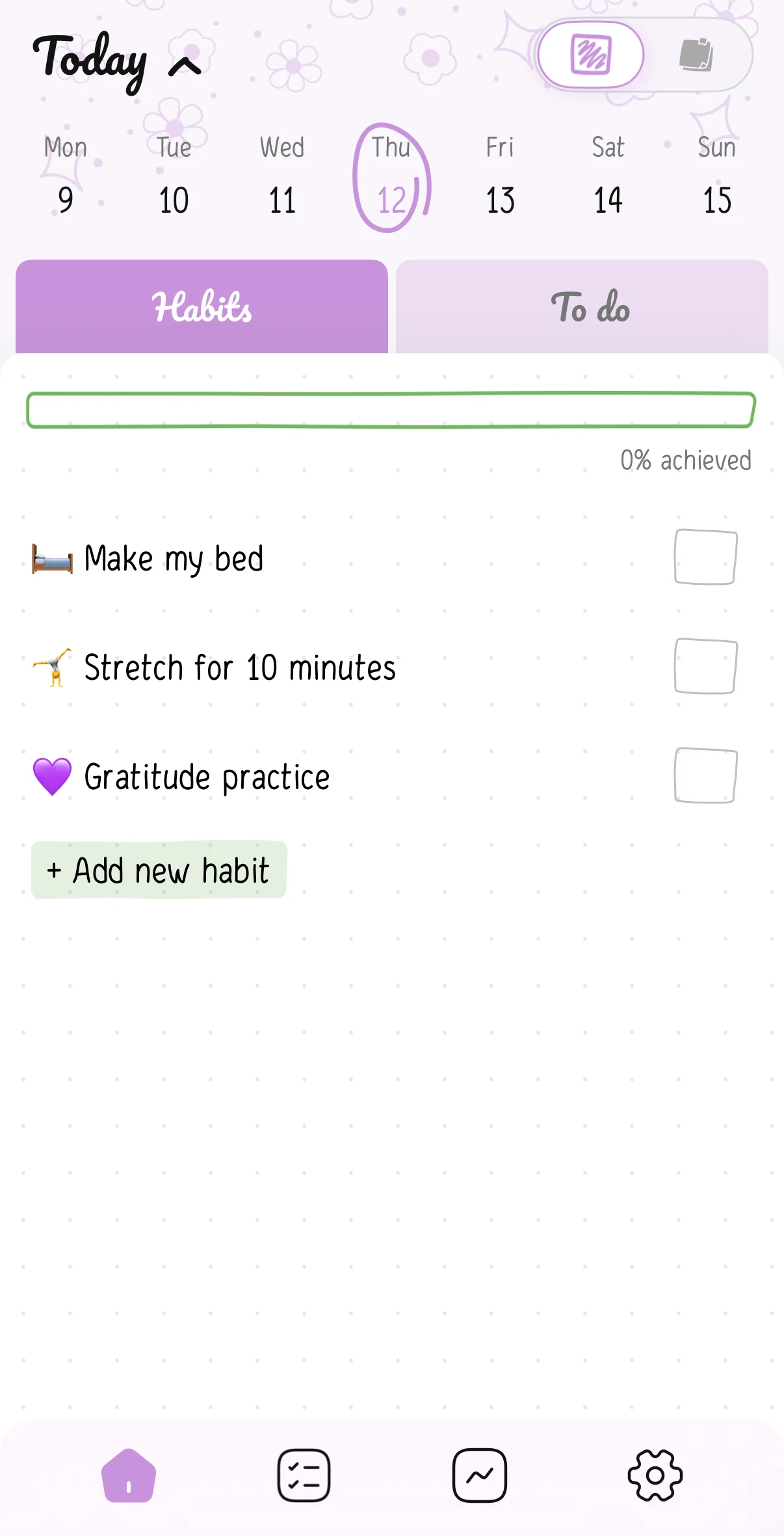 Screenshots of the Hizo app with habit ideas - Option 2