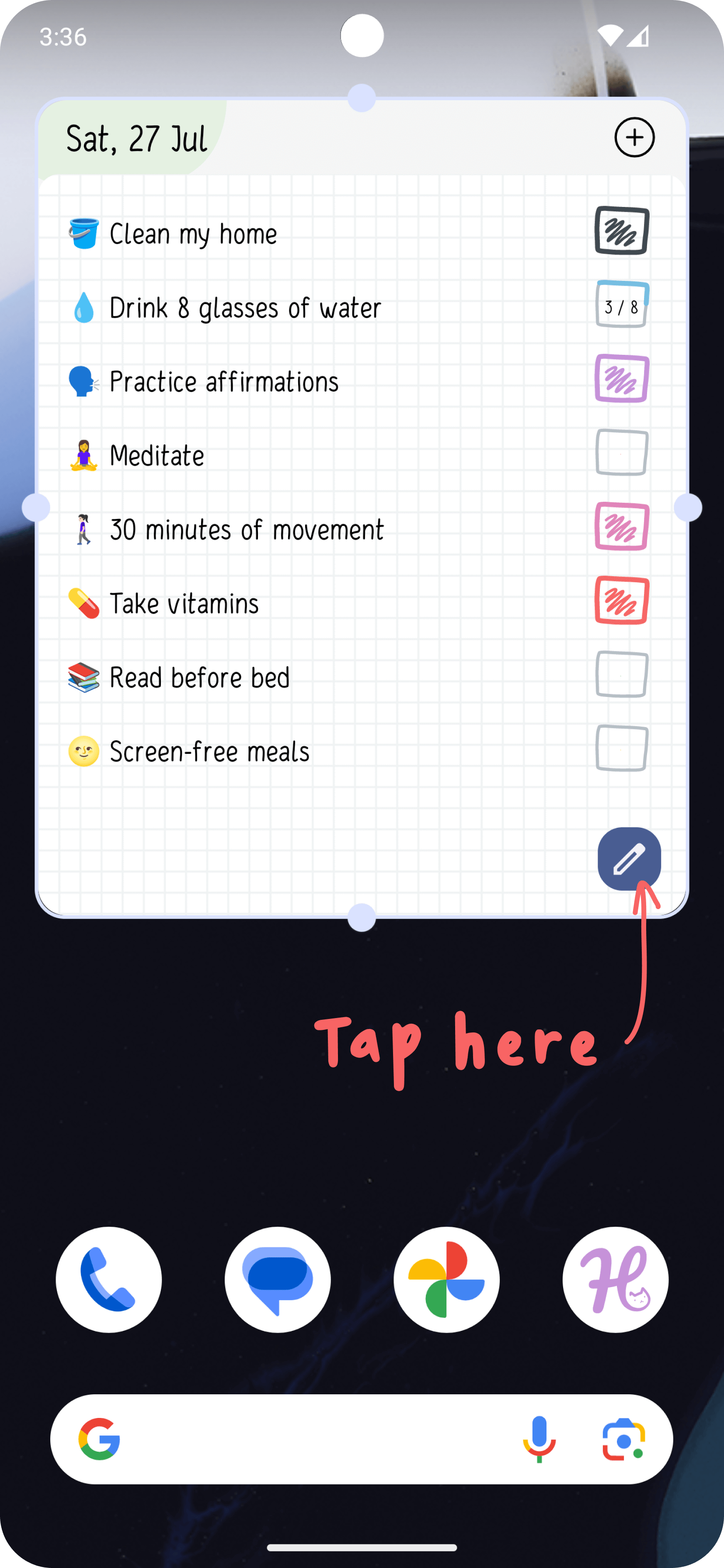 Long press the widget and click on the Pencil icon.